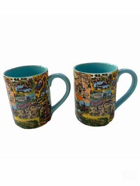 2 Disney Authentic Collectable Illustrated Walt Disney Parks Mugs Maps Collage